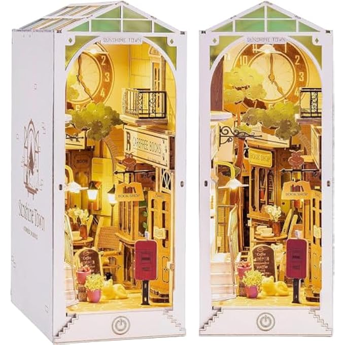 BOOK NOOK KITS 3D PUZZLES WOODEN PUZZLE ADULT DIY BOOK CORNER WOODEN MODELS CONSTRUCTION KITS FOR BOOKSHELF BOOKENDS DECOR (SUNSHINE TOWN) - Image 1